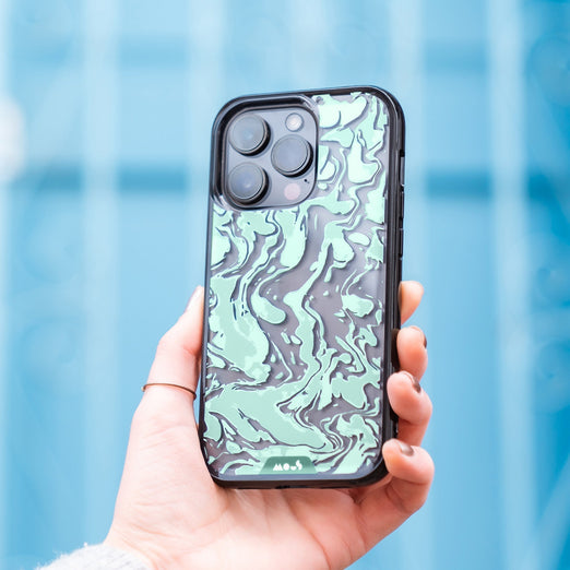 hover-image, Clear Protective Phone Case Transparent Qi Wireless Charging Marbled Sage Green Design